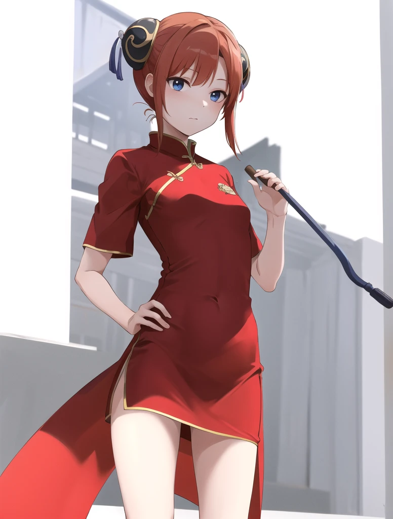 masterpiece, best quality, highres, kgr1, red dress, double bun, bun cover, china dress, chinese clothes, knee boots, short slee...