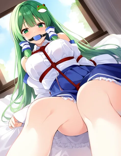 score_9, score_8_up, score_7_up, score_6_up, score_5_up, score_4_up, source_anime, rating_safe, BREAK kochiya sanae, 1girl, green hair, long hair, green eyes, frog hair ornament, hair tubes, snake hair ornament, collared shirt, white shirt, detached sleeve...