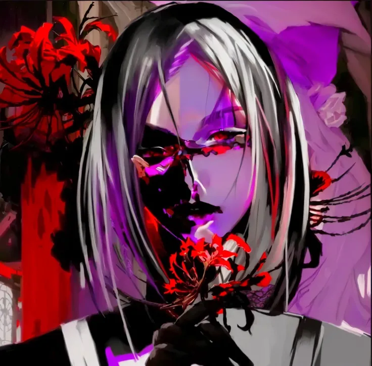 Rize from Tokyo Ghoul, complete the art, work your hair, 4k quality, very elaborate hair, spider red lily on background, Isis Sui, super style, dynamic lighting, elaborate background, Tokyo Ghoul, girl holding a red spider lily