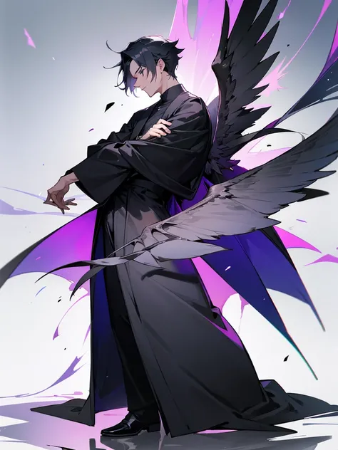 Black shirt, off shoulder coat, long pants, male, full body, wing