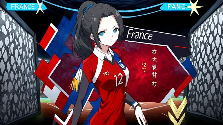 (anime,2D)Women,soccer player,black fur,wide,fringe,collected in a ponytail,clear skin,Light blue eyes,France national team clothing, In a soccer field.