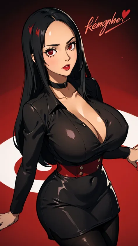 1girl, milf, large face, red eyes, long hair, forehead, black hair, straight hair, black choker, huge breast, red dress, lipstick thicc legs, pantyhose, cowboy shot, bella goth