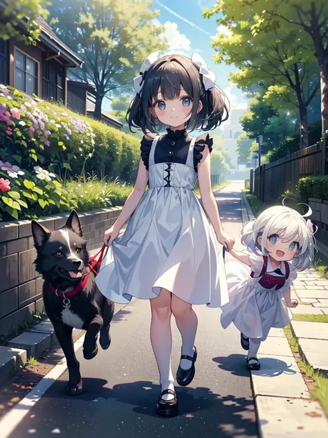 Two little girls、Very close sisters、Walk hand in hand、Having fun and being excited、They both walk with a bounce、Happy smile、A cute, cool sleeveless dress、Dogs walking side by side、(Quadrupedal Dog、Very large dog:1.4、Same height as her sister、Bushy white ha...