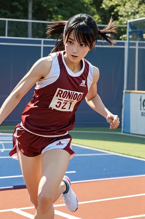 Anime drawing of yaoyorozo momo running in sports clothes on the parquet 