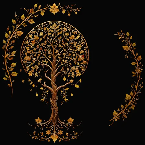 circular tree,four seasons,spring,summer,autumn,winter,leaves,roots,branches,trunk,ornate border,decorative,digital illustration,artwork,movement,time,swirling background,dark background,vibrant colors,natural,life cycle,growth,change,nature,life,peace,har...