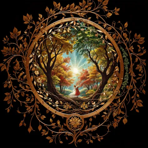 circular tree,four seasons,spring,summer,autumn,winter,leaves,roots,branches,trunk,ornate border,decorative,digital illustration,artwork,movement,time,swirling background,dark background,vibrant colors,natural,life cycle,growth,change,nature,life,peace,har...