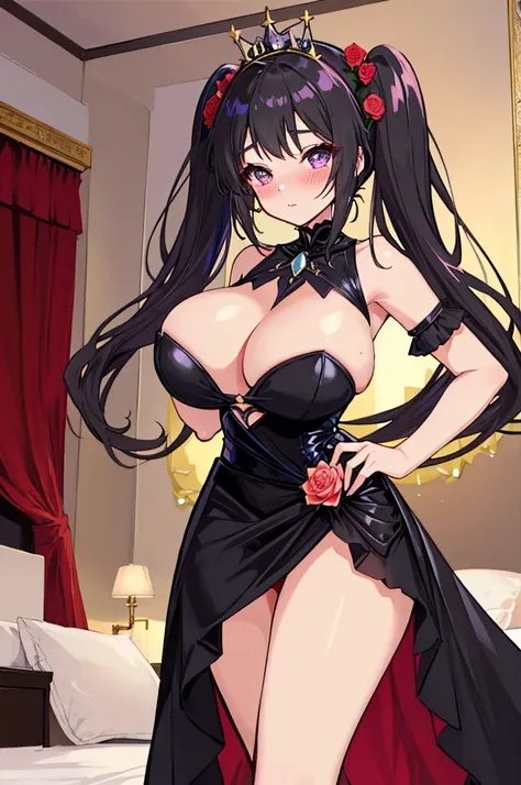 A woman with huge ，A princess，Black long hair，twintails，Exquisite，Gorgeous，complicated，(Super short)Princess dress，Slim waist，pubic，blush，Princess bedroom，Rose，Flowers，