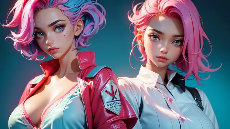 Best Quality, Masterpiece, Portrait, Perfect Anatomy, Femininity, Cool, Flawless, Solo, Sexy, Stylish, Mature, Long Light Pink Hair, Mole Above Lip, Red Lipstick, Big Breasts, With Light Blue Haired Girl As Therapist , doctors clothes, against the backdrop...