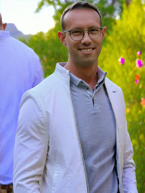 A man Todder8, Todder1 in a white_jacket and glasses standing in front of a colorful background