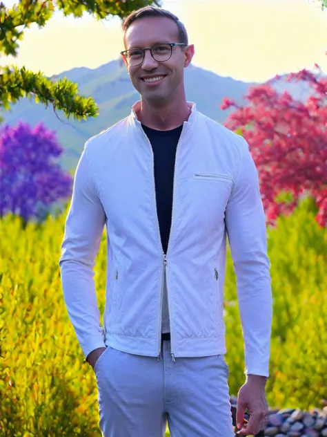 A man Todder8, Todder1 in a white_jacket and glasses standing in front of a colorful background