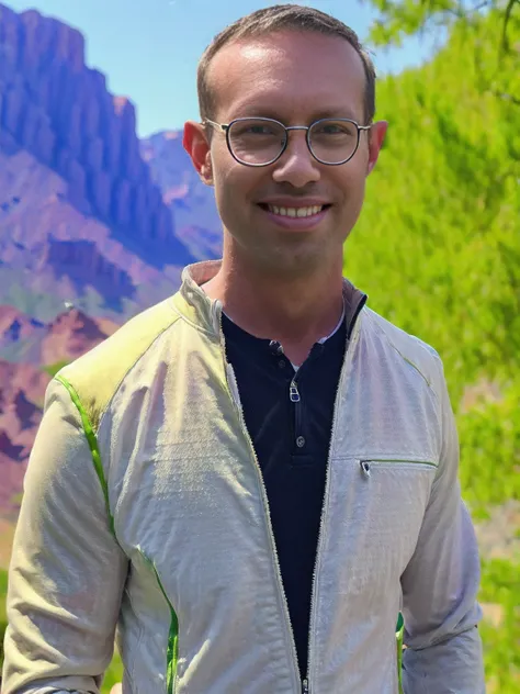 A man Todder8, Todder1 in a white_jacket and glasses standing in front of a colorful background