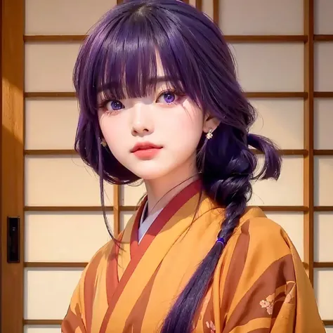 real girl with long hair and purple eyes in a kimono, detailed photo realistis 8k