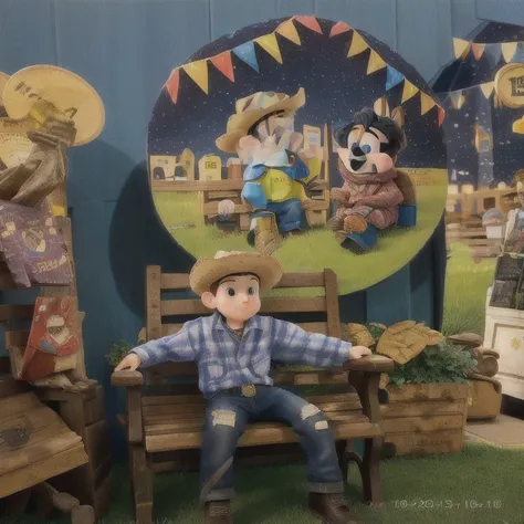 there is a boy sitting on a bench in front of a display of cartoon characters, , tema cowboy, I&#39;m a fan of Quino, caricaturist alarcón, powder Nándor Katona, Diego5, carmelo blandino, folk, photoshot, caio santos, 1614572159