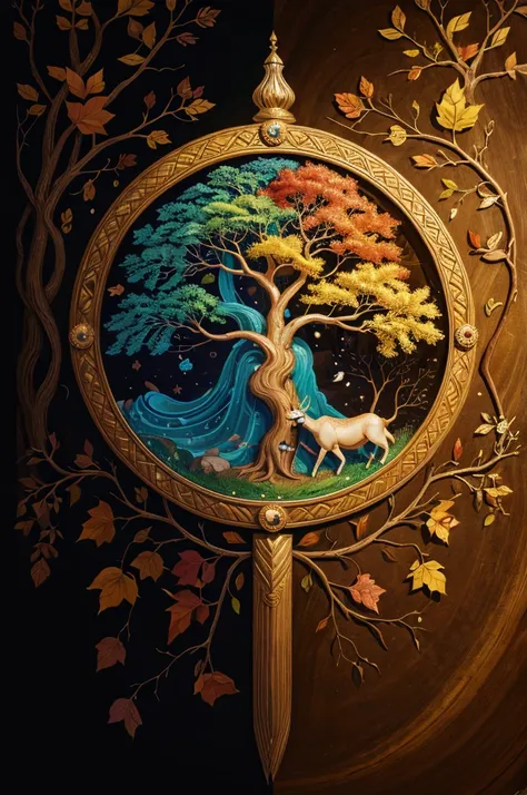 circular tree,four seasons,spring,summer,autumn,winter,leaves,roots,branches,trunk,ornate border,decorative,digital illustration,artwork,movement,time,swirling background,dark background,vibrant colors,natural,life cycle,growth,change,nature,life,peace,har...