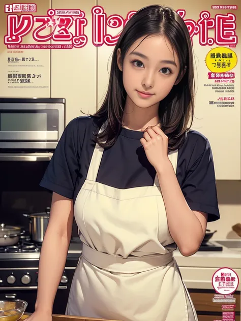 (Highest quality, masterpiece), Cover of a cooking magazine for women, One girl, 13 years old, (Very slim:1.5), Big round eyes, (Droopy eyes), Thin arms, Big Breasts, amazing, cute, A gentle smile, apron, food, article, chart, advertisement, Magazine Title