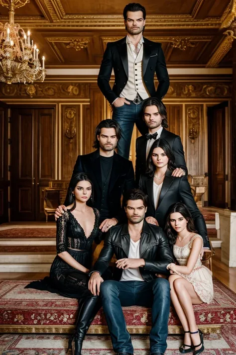 Family photography as hyperrealistic siblings, in a rococo mansion, from the real Daniel Gillies, Kendall Jenner and Sebastian Stan.