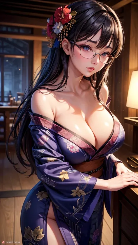 1 girl, glasses, big breasts, loose dark yukata, loose hair, looking at you, sexy pose, blush, night light, detailed face, beautiful eyes, detailed hand, long eyelashes, detailed lips, detailed skin, intricate details, elegant, beautiful lighting, cinemati...