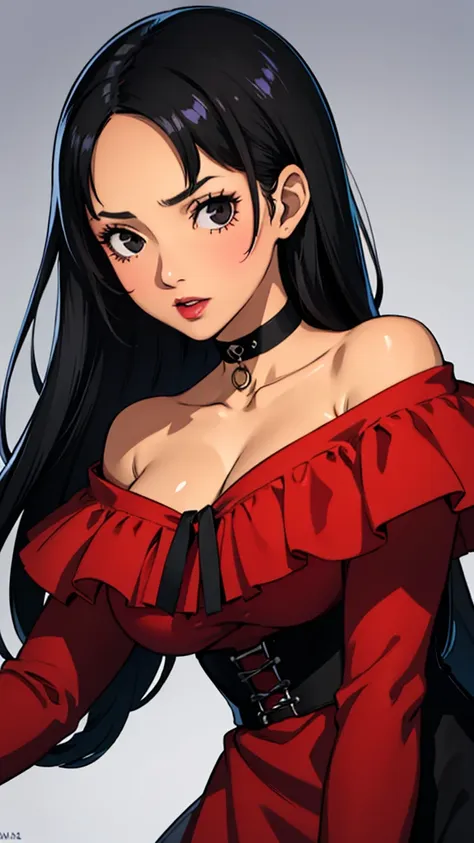 1girl, milf, large face, black eyes, long hair, forehead, black hair, straight hair, black choker, huge breast, red off shoulder dress, lipstick, Portrait,