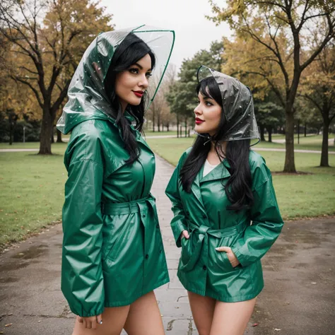 woman with black hair, rain bonnet, lipstick
wearing green raincoat
standing in a park