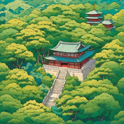 top-down view of a distant Japanese temple-village almost hidden by green bushes and trees, analogous pastel colors