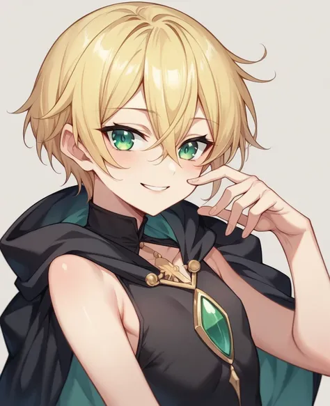 （One girl）、((short hair))、((Blonde))、（Sato Air）、((boyish))、Crossdresser、((flat chest))、green eyes、wizard、Black cloak、Black sleeveless、((hairs between eyes))、light smile