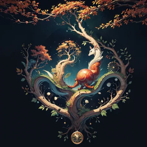 circular tree,four seasons,spring,summer,autumn,winter,leaves,roots,branches,trunk,ornate border,decorative,digital illustration,artwork,movement,time,swirling background,dark background,vibrant colors,natural,life cycle,growth,change,nature,life,peace,har...