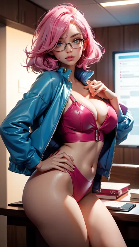 Best Quality, Masterpiece, Portrait, Perfect Anatomy, Femininity, Cool, Flawless, Solo, Sexy, Stylish, Mature, Long Light Pink Hair, Mole Above Lip, Red Lipstick, Big Breasts, With Light Blue Haired, the Girl is dressed as a sexy therapist, with glasses, c...