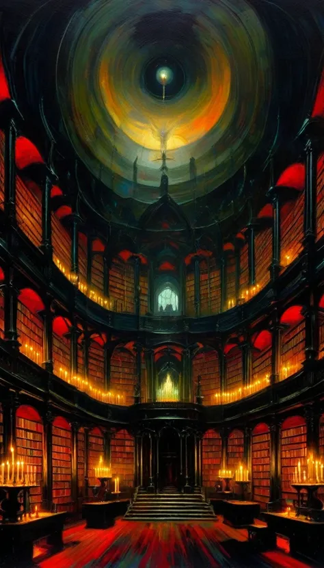 large satanic library, dark, huge shelves, dome, candles, some disorder (art inspired by Bill Sienkiewicz). oil painting)