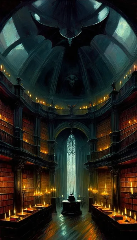 large satanic library, dark, huge shelves, dome, candles, some disorder (art inspired by Bill Sienkiewicz). oil painting)