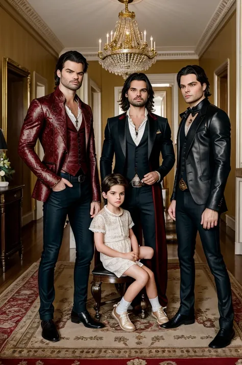 Family photography as three hyperrealistic brothers, in a rococo mansion, from the real Daniel Gillies, Kendall Jenner and Sebastian Stan.