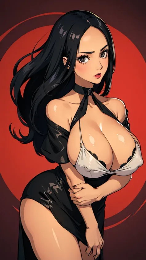 1girl, milf, large face, black eyes, long hair, forehead, black hair, straight hair, black choker, huge breast, red off shoulder dress, lipstick, cowboy shot, converse nipples, thicc legs, panyhose