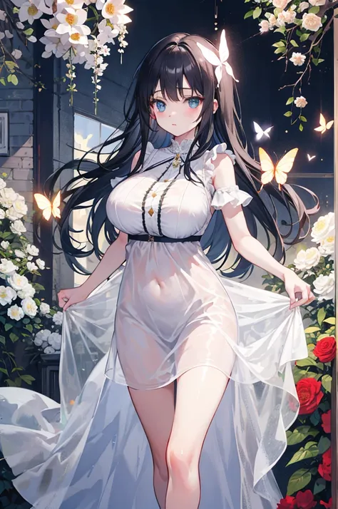 masterpiece， best quality， emphasize， 1個Giant Breast Girl，Princess，Black long hair， Big ，Exposure，White transparent nightdress，butterfly ornaments，Home，Floral decoration，