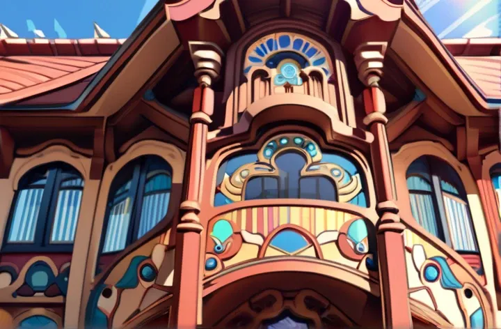 There is a large building with a clock on top., an Art Nouveau, Tibetan-inspired architecture, instagram post, Sunlight and whimsical houses, exterior shot, Art Nouveau, front view, architectural shot, Nepalese architecture buildings, instagram photo, Art ...