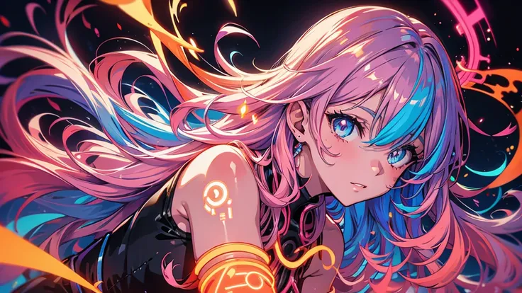  anime shiny flourescent curly hair, neon orange neon purple color