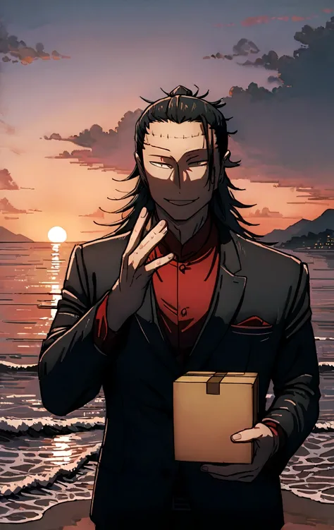 Suguru Geto, 1 man, looking into the camera, Sly smile, full length, In a black suit, wearing a red shirt, holding a box with a wedding ring, against the backdrop of the sea and sunset, 8 k, Best quality