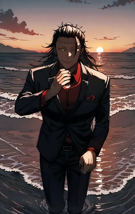 Suguru Geto, 1 man, looking into the camera, Sly smile, full length, In a black suit, wearing a red shirt, holding a box with a wedding ring, against the backdrop of the sea and sunset, 8 k, Best quality