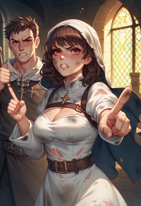 Adult female, fantasy, very short dark brown hair, red eyes, cleric, black on white cleric robes, blushing, angry, dungeon, pointing, running from monsters, highly detailed, high quality, perfect eyes, expressive eyes, dirty, cuts