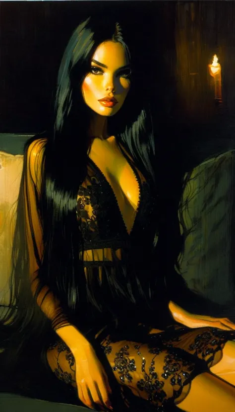 very pretty girl, long black hair with braids, black embroidered nightgown with transparency, small breasts, dim candlelight, sitting sexy on a sofa full of cushions in the dark. (art inspired by Bill Sienkiewicz). oil painting)
