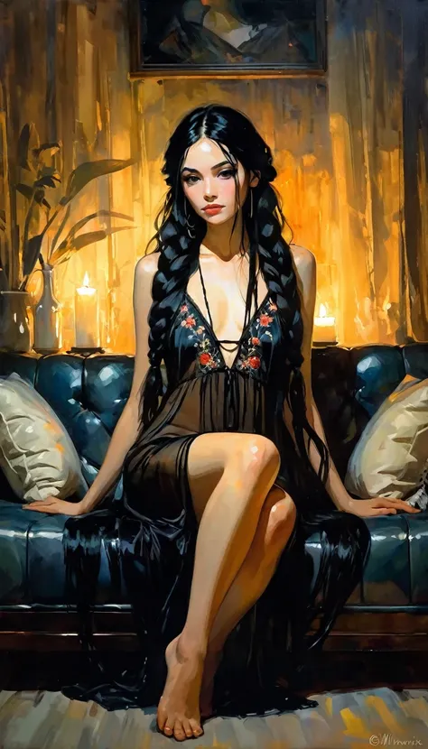 very pretty girl, long black hair with braids, black embroidered nightgown with transparency, small breasts, dim candlelight, sitting sexy on a sofa full of cushions in the dark. (art inspired by Bill Sienkiewicz). oil painting)
