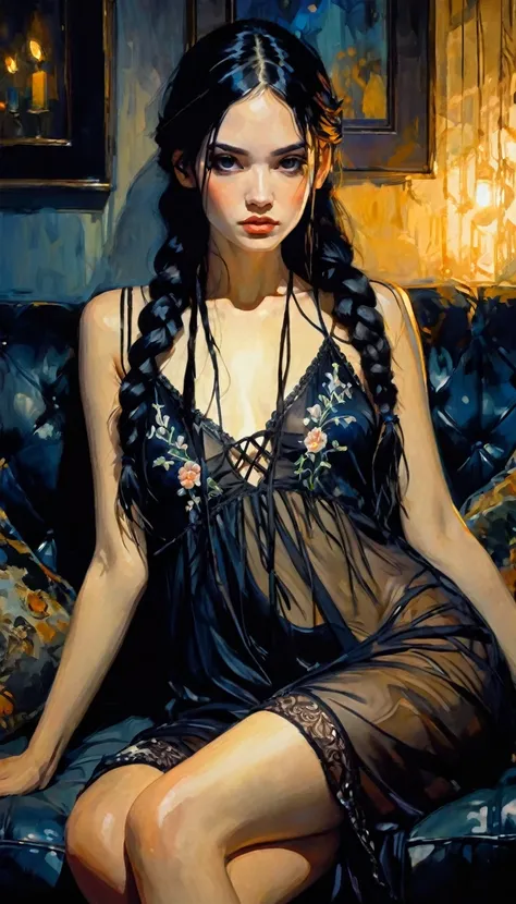 very pretty girl, long black hair with braids, black embroidered nightgown with transparency, small breasts, dim candlelight, sitting sexy on a sofa full of cushions in the dark. (art inspired by Bill Sienkiewicz). oil painting)
