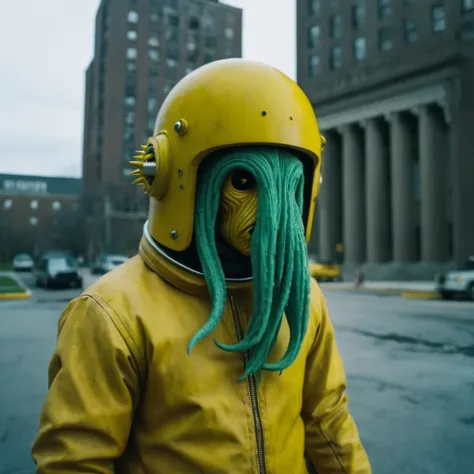 Horror-themed,  In an ancient and mysterious city a person wearing a yellow helmet with yellow spikes on it carcosa city style, Don Bluth Style ASTRONAUT Cthulhu yellow Toon Doll, full body RAW candid cinema, cyan hair, 16mm, color graded portra 400 film, ...