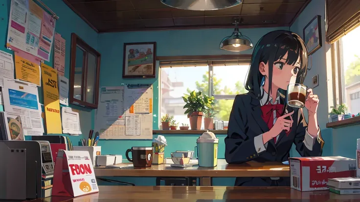 (Highest quality),lo-fi,girl,Drinking coffee