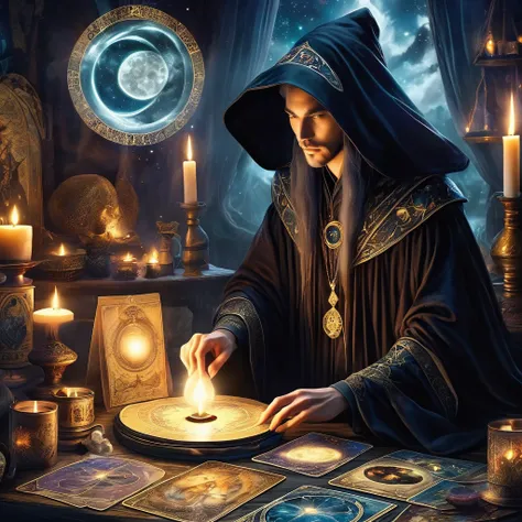 Wizard in a black cloak，fortune teller，Tarot占卜术，Tarot，空中漂浮的Tarot，阵列的Tarot，Dim candlelight，Mysterious call，Strong mysterious and creepy atmosphere，Visual impact