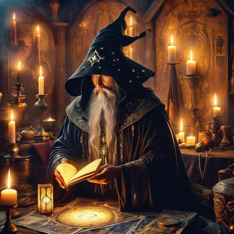 wizard in a black cloak，fortune teller，tarot占卜术，tarot，空中漂浮的tarot，阵列的tarot，dim candlelight，mysterious call，strong mysterious and ...