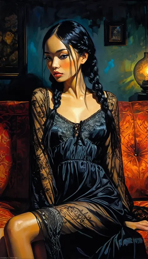 very pretty girl, long black hair with braids, black embroidered nightgown with transparency, small breasts, dim candlelight, sitting sexy on a sofa full of cushions in the dark. (art inspired by Bill Sienkiewicz). oil painting)   (best quality,4k,8k,highr...