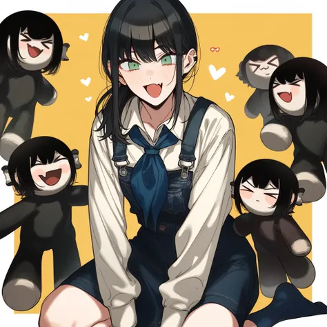 1girl, erere, chainsaw man, mitaka asa, yoru (chainsaw man), absurdres, official art, :d, > <, black hair, blue neckerchief, blue skirt, blue socks, border, choppy bangs, fang, green eyes, heart, neckerchief, open mouth, overall skirt, ponytail, seiza, shi...