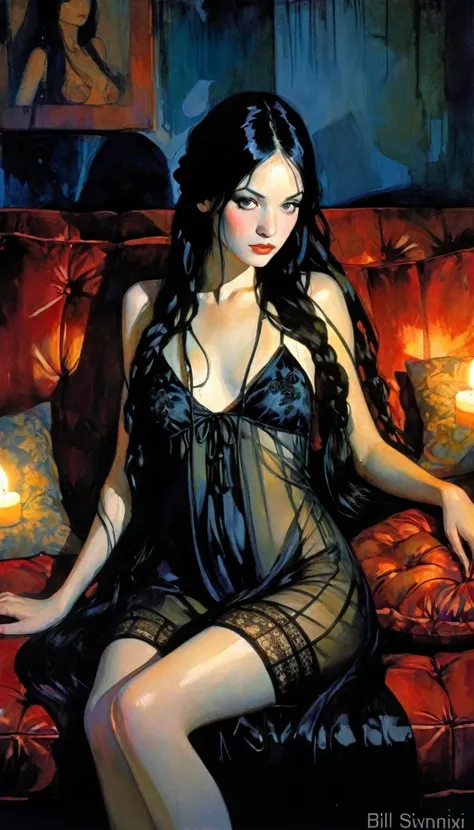 very pretty girl, long black hair with braids, black embroidered nightgown with transparency, small breasts, dim candlelight, sitting sexy on a sofa full of cushions in the dark. (art inspired by Bill Sienkiewicz). oil painting)
