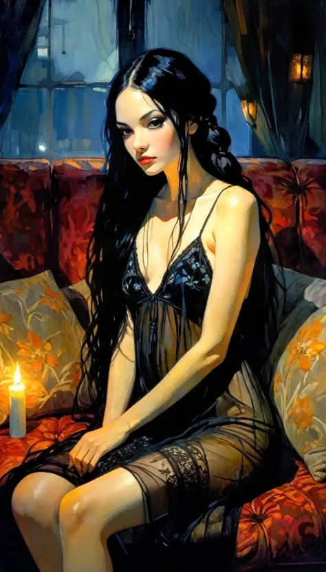 very pretty girl, long black hair with braids, black embroidered nightgown with transparency, small breasts, dim candlelight, sitting sexy on a sofa full of cushions in the dark. (art inspired by Bill Sienkiewicz). oil painting)
