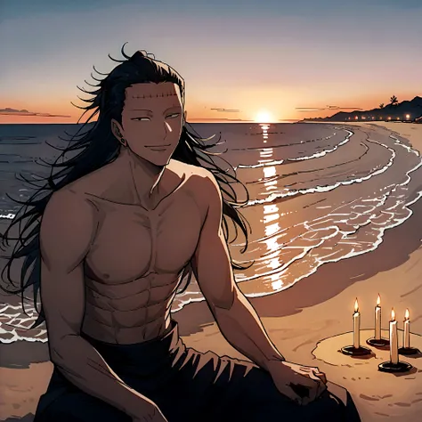 suguru geto, 1 man, looking into the camera, sly smile, full length, topless, intimate, candles, sitting in the sand, against th...