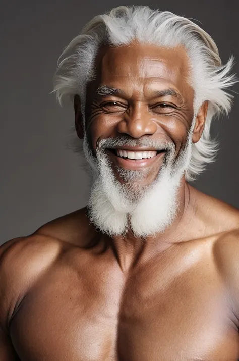 black old man, white  hair, muscled body, amber eyes, extremely sexy, wearing no shirt, smiling smugly, hairy chest, sex symbol, appealing, thin white beard, defined jaw, six pack abs, rectangular face, double chin, thick lips, stylish haircut.